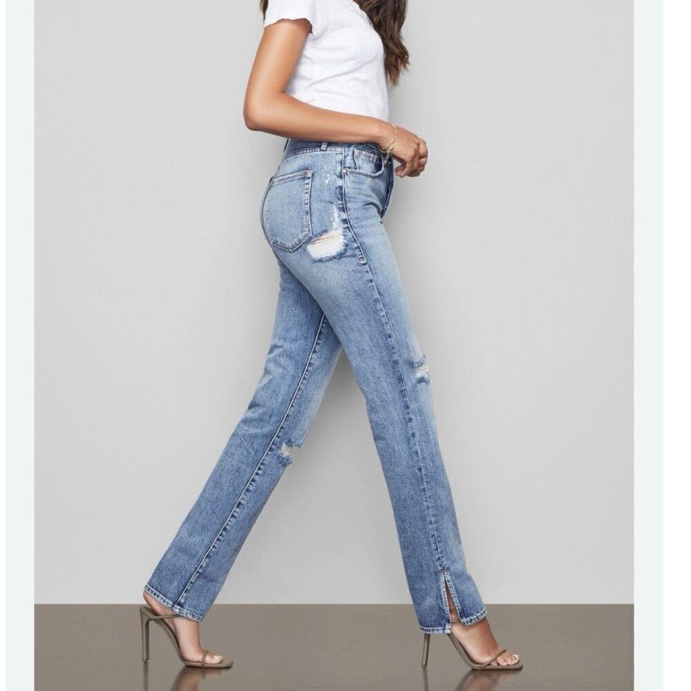 Good American Women's High Waist Ripped Straight Jeans Size 6 Blue Good boy boyf